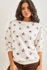 Olalook Women's Star Claret Red Basic Soft Textured Loose Sweatshirt - Image 2