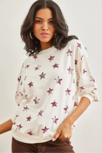 Olalook Women's Star Claret Red Basic Soft Textured Loose Sweatshirt - Image 3