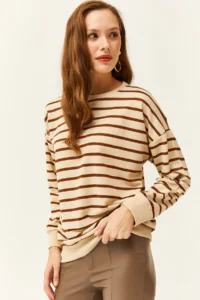 Olalook Women's Stone Brown Basic Soft Textured Loose Sweatshirt - Image 2