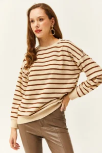 Olalook Women's Stone Brown Basic Soft Textured Loose Sweatshirt - Image 5