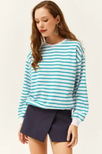 Olalook Women's Turquoise Basic Soft Textured Loose Sweatshirt - Image 2