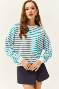 Olalook Women's Turquoise Basic Soft Textured Loose Sweatshirt - Image 3