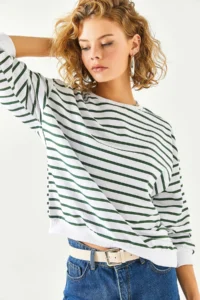 Olalook Women's White Emerald Green Basic Soft Textured Loose Sweatshirt