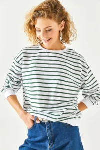 Olalook Women's White Emerald Green Basic Soft Textured Loose Sweatshirt - Image 3