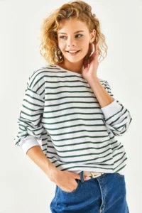 Olalook Women's White Emerald Green Basic Soft Textured Loose Sweatshirt - Image 5
