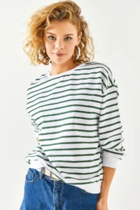 Olalook Women's White Emerald Green Basic Soft Textured Loose Sweatshirt - Image 6