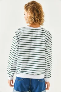 Olalook Women's White Emerald Green Basic Soft Textured Loose Sweatshirt - Image 8