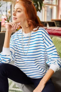 Olalook Women's White Indigo Striped Basic Soft Textured Loose Sweatshirt