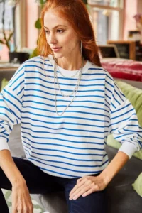 Olalook Women's White Indigo Striped Basic Soft Textured Loose Sweatshirt - Image 2