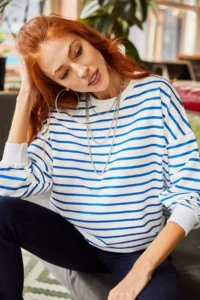 Olalook Women's White Indigo Striped Basic Soft Textured Loose Sweatshirt - Image 3