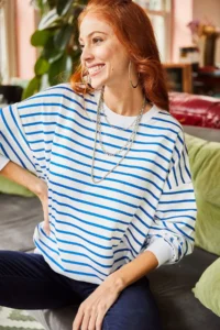 Olalook Women's White Indigo Striped Basic Soft Textured Loose Sweatshirt - Image 4