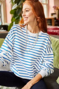Olalook Women's White Indigo Striped Basic Soft Textured Loose Sweatshirt - Image 5