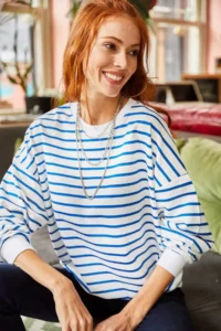 Olalook Women's White Indigo Striped Basic Soft Textured Loose Sweatshirt - Image 6