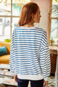 Olalook Women's White Indigo Striped Basic Soft Textured Loose Sweatshirt - Image 7