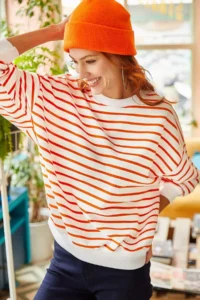 Olalook Women's White Orange Striped Basic Soft Textured Loose Sweatshirt