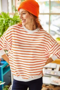 Olalook Women's White Orange Striped Basic Soft Textured Loose Sweatshirt - Image 2