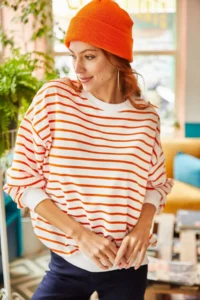 Olalook Women's White Orange Striped Basic Soft Textured Loose Sweatshirt - Image 3