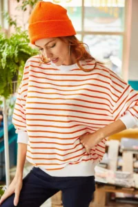 Olalook Women's White Orange Striped Basic Soft Textured Loose Sweatshirt - Image 4