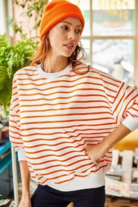 Olalook Women's White Orange Striped Basic Soft Textured Loose Sweatshirt - Image 5