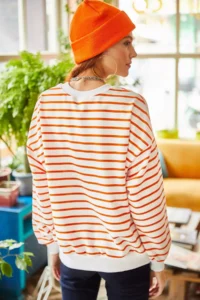 Olalook Women's White Orange Striped Basic Soft Textured Loose Sweatshirt - Image 6