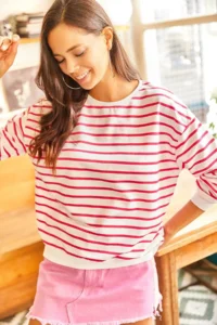Olalook Women's White Pink Striped Basic Soft Textured Loose Sweatshirt - Image 2