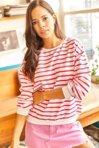 Olalook Women's White Pink Striped Basic Soft Textured Loose Sweatshirt - Image 3