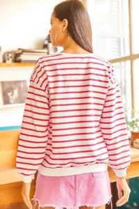 Olalook Women's White Pink Striped Basic Soft Textured Loose Sweatshirt - Image 5