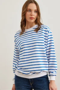 Olalook Women's White Saks Blue Basic Soft Textured Loose Sweatshirt