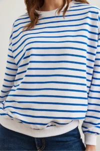 Olalook Women's White Saks Blue Basic Soft Textured Loose Sweatshirt - Image 5