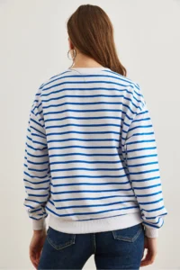 Olalook Women's White Saks Blue Basic Soft Textured Loose Sweatshirt - Image 6