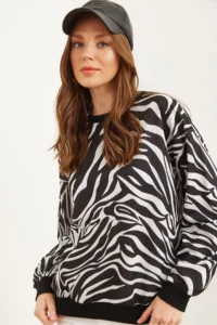 Olalook Women's Zebra Basic Soft Textured Loose Sweatshirt