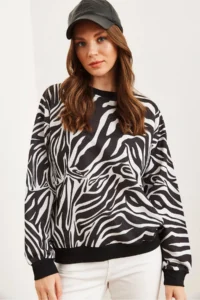 Olalook Women's Zebra Basic Soft Textured Loose Sweatshirt - Image 2