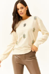 Olalook Women's Beige Eye Embroidered Seasonal Sweatshirt