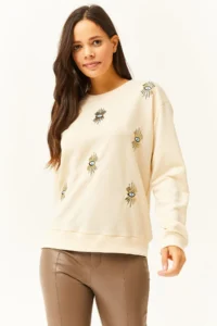 Olalook Women's Beige Eye Embroidered Seasonal Sweatshirt - Image 2