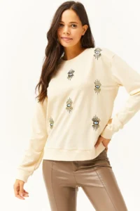 Olalook Women's Beige Eye Embroidered Seasonal Sweatshirt - Image 3