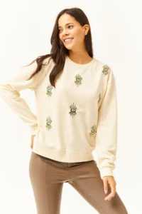 Olalook Women's Beige Eye Embroidered Seasonal Sweatshirt - Image 4
