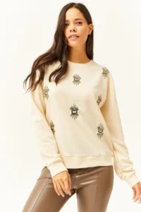 Olalook Women's Beige Eye Embroidered Seasonal Sweatshirt - Image 5