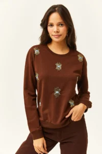 Olalook Women's Bitter Brown Eye Embroidered Seasonal Sweatshirt - Image 2