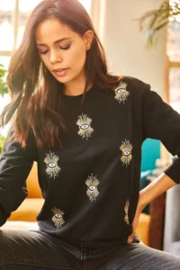 Olalook Women's Black Eye Embroidered Seasonal Sweatshirt
