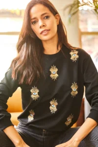 Olalook Women's Black Eye Embroidered Seasonal Sweatshirt - Image 2