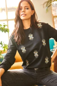 Olalook Women's Black Eye Embroidered Seasonal Sweatshirt - Image 3
