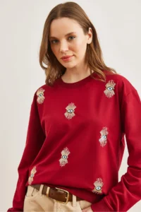 Olalook Women's Burgundy Eye Embroidered Seasonal Sweatshirt - Image 3