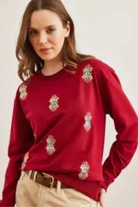 Olalook Women's Burgundy Eye Embroidered Seasonal Sweatshirt - Image 4