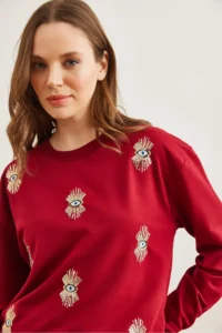 Olalook Women's Burgundy Eye Embroidered Seasonal Sweatshirt - Image 5