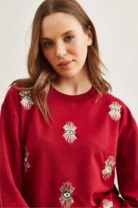 Olalook Women's Burgundy Eye Embroidered Seasonal Sweatshirt - Image 6