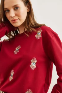 Olalook Women's Burgundy Eye Embroidered Seasonal Sweatshirt - Image 7