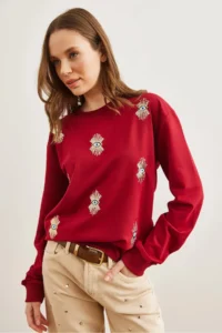 Olalook Women's Burgundy Eye Embroidered Seasonal Sweatshirt - Image 8