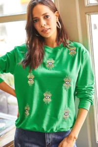 Olalook Women's Grass Green Eye Embroidered Seasonal Sweatshirt - Image 2