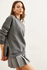 Olalook Women's Anthracite Thick Sweatshirt with Zipper Detail on the Sides and Fleece Inside - Image 2