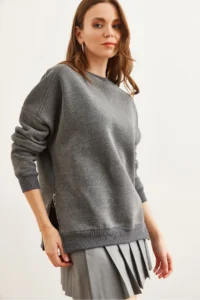 Olalook Women's Anthracite Thick Sweatshirt with Zipper Detail on the Sides and Fleece Inside - Image 3